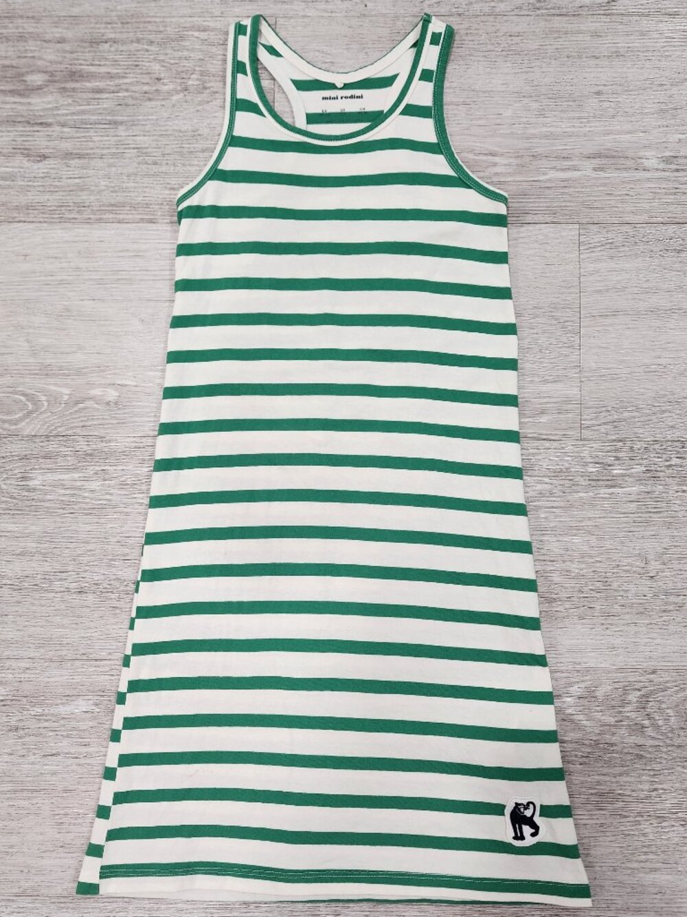 Mini Rodini Panther Patch Green Striped Tank Dress Girls Size 5-7Y